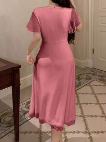 DAZY 蕾丝针织拼接波点网纱长款睡裙，女士夏季家居服 - 粉色 - 查看 2