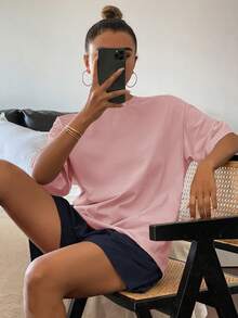 DAZY 2件套纯色宽松短袖短裤套装，女士夏季休闲睡衣 - 淺粉色 - 查看 3