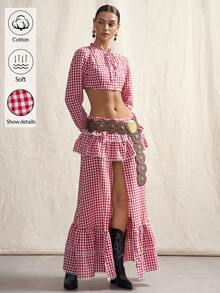 SHEIN ICON Áo sơ mi nữ tay dài dáng ngắn kẻ caro thắt nơ phía trước, kiểu dáng thời trang. - Đỏ - Xem 4