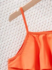 少女活力度假风套装！甜美的橙色荷叶边吊带背心吸睛十足，搭配高腰印花宽松长裤，适合外出和日常穿着，尽显夏日风情。 - 彩色 - 查看 5