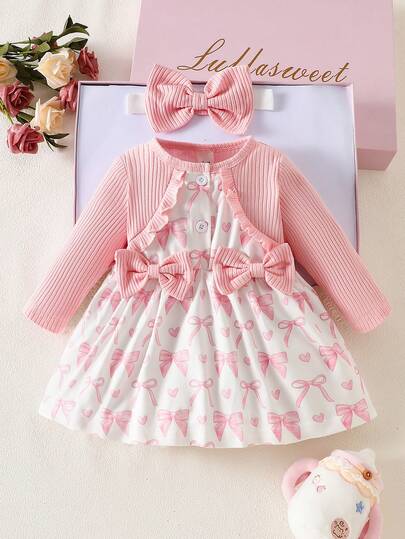 SHEIN Newborn Baby Girl's Red Lace Long Sleeved Floral Heart Print Dress And Matching Headband 2-Piece Set, Elegant, Sweet, And Cute, Suitable For Daily Outdoor Leisure Activities In Autumn Spring Infant Dresses Baby Girl Dress Set Elegant Baby Girl Clothes Infant Baby Girl Clothes