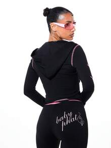 BABYPHAT Women's Letter Print Contrast Trim Zip-Up Hoodie - Black - View 2