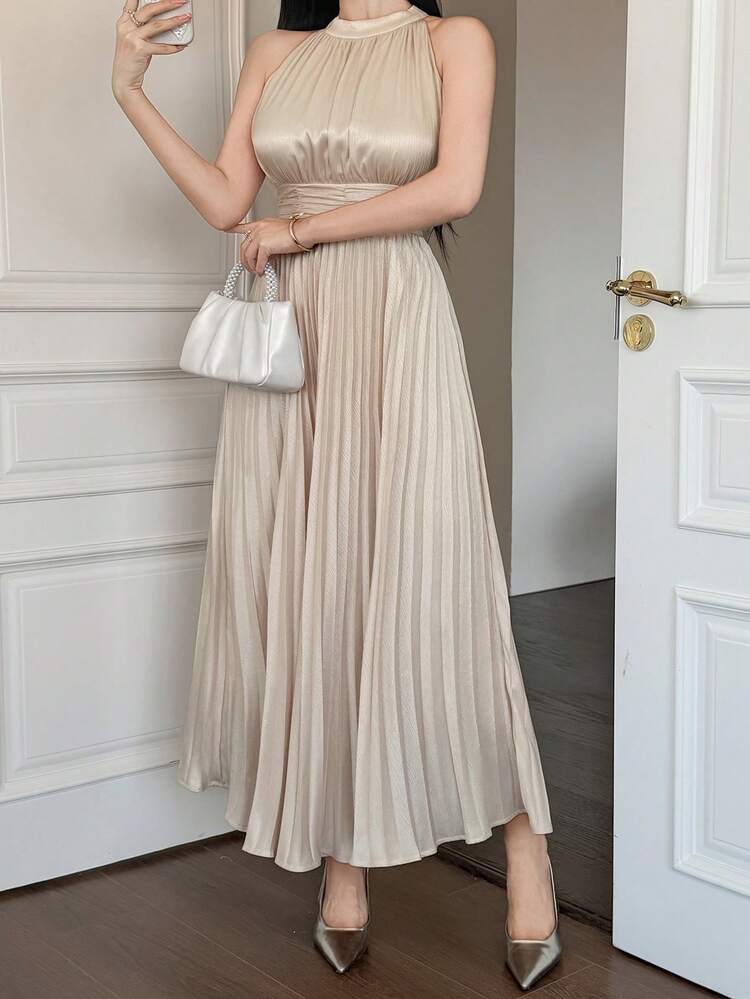 Women's Sleeveless Dress With Satin Fabric, Ruched Waist Design, Elegant Maxi Dress Sundress Summer