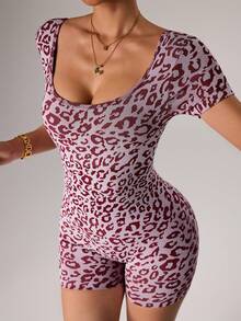 Dewbera Seamless Leopard Print Backless Women Sports Jumpsuit - Red and White - View 4