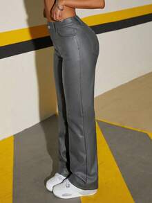 SHEIN Tall 女士休闲时尚街头风日常通勤涂层直筒裤 - 深灰色 - 查看 4