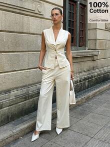 Siren Gaze Bộ quần áo nữ 100% cotton, thích hợp cho mặc hàng ngày, dạo phố, đi nghỉ mát, đi biển, công sở, đi làm, bộ đồ hai mảnh thanh lịch dành cho nữ, trang phục vải lanh, bộ đồ hai mảnh mùa hè thoải mái dành cho nữ, bộ đồ công sở thường ngày dành cho nữ. - Màu be - Xem 4