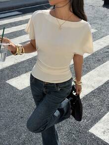 Siren Gaze 女士夏季新款纯色优雅垂褶露背衬衫，宽松领衬衫 - 杏色 - 查看 6