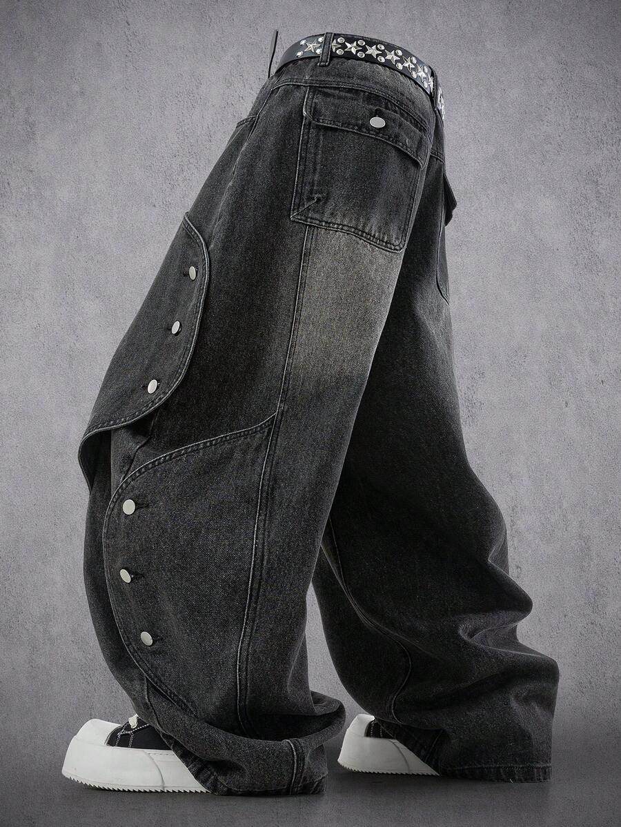 Manfinity Denimwave 男士休闲街头风做旧弧形拼接阔腿深灰色牛仔裤 - 深灰色 - 查看 1