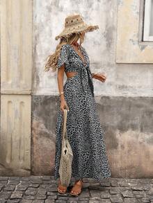 Brillora 女士豹纹镂空短袖修身连衣裙 - 黑與白 - 查看 6