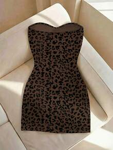 SHEIN Women's New Leopard Print Round Neck Fitted Tube Dress, Spring/Summer - Multicolor - View 2