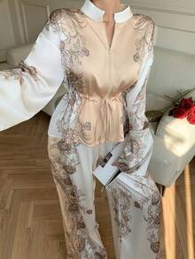 DAZY 女士休闲印花立领抽绳衬衫和阔腿裤两件套，春季 - 杏色 - 查看 7