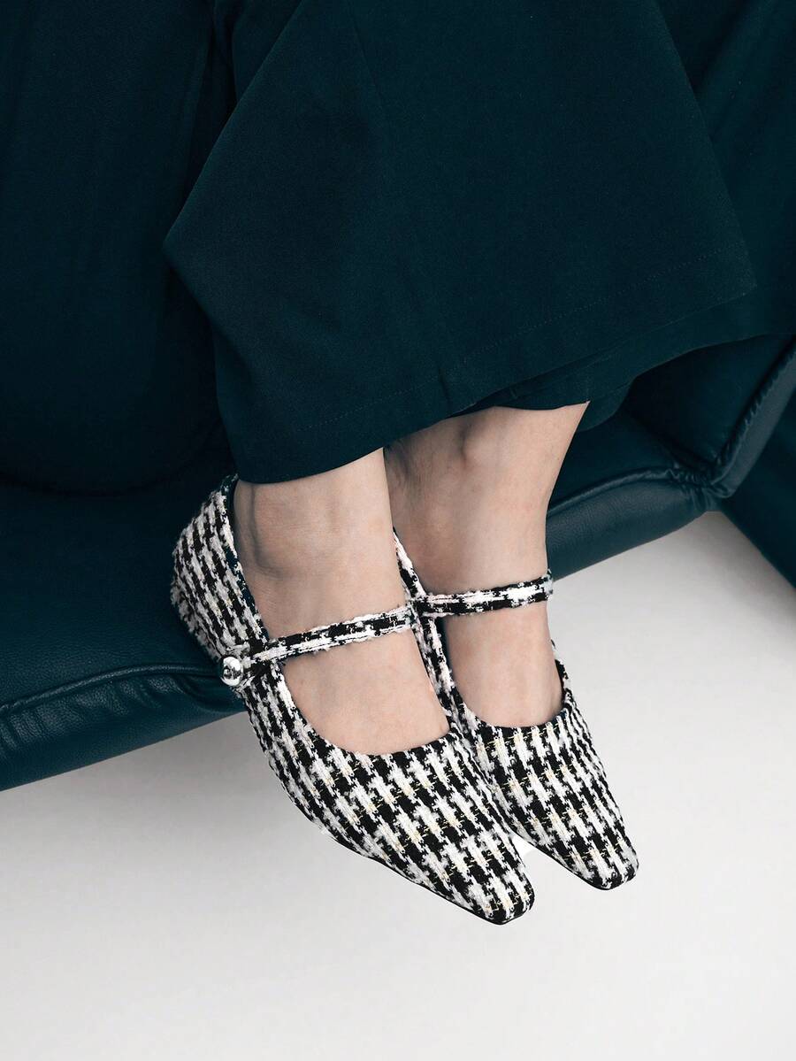 Mnmlis 女士新款灰色法式低跟尖头简约时尚羊毛玛丽珍鞋 - 黑與白 - 查看 1