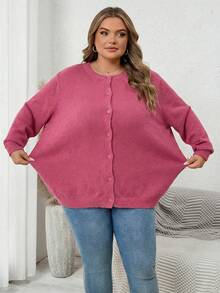 SHEIN CURVE+ 大码休闲纯色开衫，秋冬季 - 藕粉色 - 查看 5