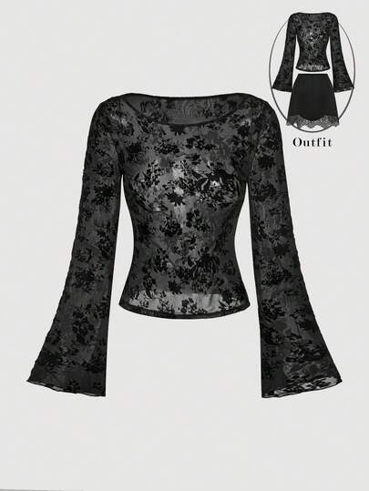 SHEIN MOD Boat Neck Flare Sleeve Black Flocked Sexy Sheer Blouse For Women,Summer,Carnival Costume,Vacation Outfits, Retro, Vintage,Country Outfits,  Going Out,Teacher Outfits For Women,Date, Picnic, Party, Prom, Festival,Birthday Wear, Cottagecore,