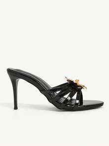 CUCCOO CHICEST 黑色细高跟凉鞋，饰有金色金属3D花朵，性感露趾女鞋 - 黑色 - 查看 6