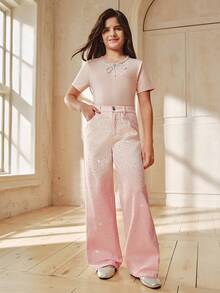 Anewsta Jeans rectos con efecto ombré rosa brillante y diamantes para niñas, primavera/verano - Rosa - Ver 4