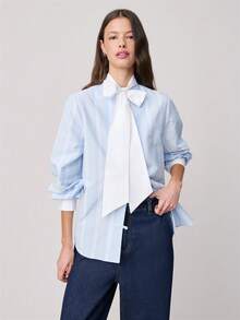 Nöista 浅色条纹衬衫，宽松版型，搭配超大领结和装饰性打结纽扣。甜美复古，是春夏日常穿着和休闲通勤的理想之选。 - 卡其色 - 查看 5