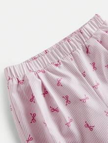 SHEIN 2件套女童粉色蝴蝶结条纹吊带背心和短裤套装，休闲日常时尚百搭装 - 粉色 - 查看 4