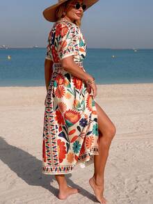 Swim Vcay 女士春夏沙滩连衣裙，V领长款收腰开衩度假印花连衣裙，带罩衫 - 橘色 - 查看 3