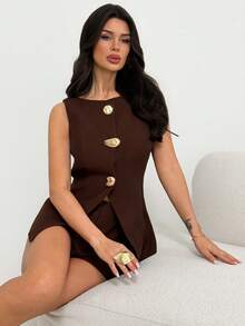 Firerie Women's Elegant Minimalist Chic Fashion Commute Urban Modern Vacation Casual Metal Buckle Vest And Shorts Brown 2 Pieces Set - Brown - View 2