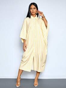 SOLERSUN Women's Summer Simple & Elegant Beach Vacation Yellow Striped Print Batwing Sleeve Long Dress With Twist Waist And Hollow Out Design Casual Vacation Outfits For Summer,Beach-Ready Outfits Travel, Daily Wear, Party,Holiday - Yellow - View 4