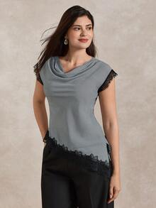 Briarwyn 2026新款女士优雅千鸟格撞色蕾丝边不对称下摆上衣，夏季、假日、春季女装，适合海滩度假、外出穿着，奢华上衣，西式风格 - 彩色 - 查看 7