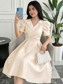 SHEIN 杏色缎面羊腿袖A字型派对晚礼服，适合青少年女孩 - 杏色 - 查看 4