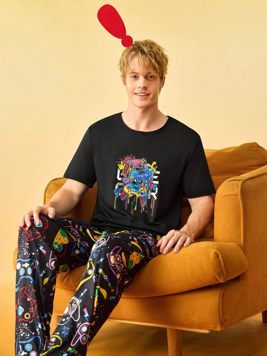 男士印花圆领短袖上衣和裤子睡衣套装 - 黑色 - 查看 1