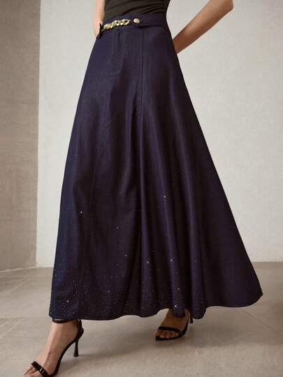 MOTF PREMIUM Chân váy chữ A MIDI DENIM TRANG TRÍ KIM LOẠI