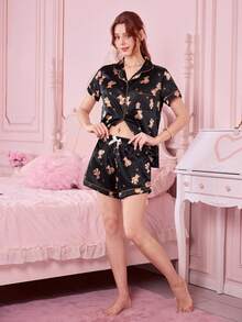 Bonmuse 熊圖案女款波普林短袖短褲睡衣套裝，適合夏季 - 黑色 - 查看 8