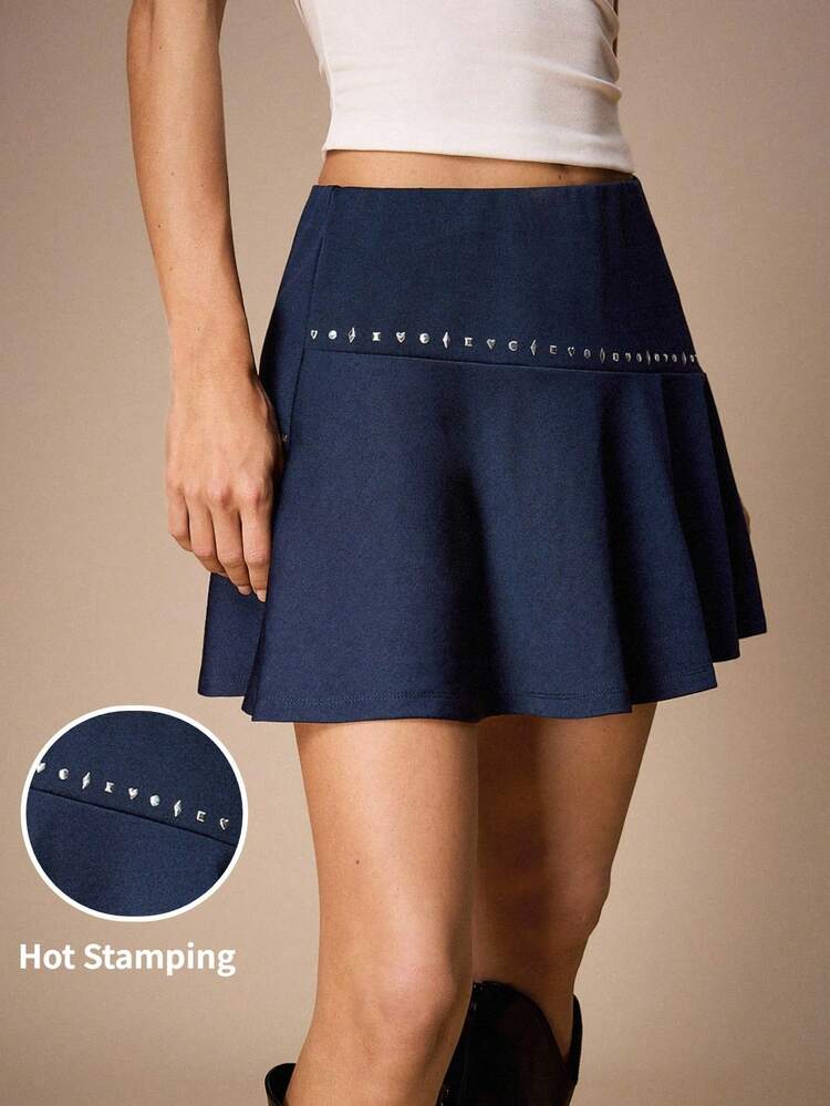 SHEIN Maija Jupe asymétrique à taille haute, style décontracté chic de rue pour femmes. Décoration de rivets et ourlet fluide. Jupe printemps marine, jupe-short femme bleu foncé