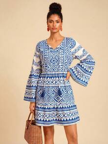 Travachic Women Boho Folk Custom Blue And White Smock Short Dress With Ruffle Hem And Flare Long Sleeves - Blue and White - View 6