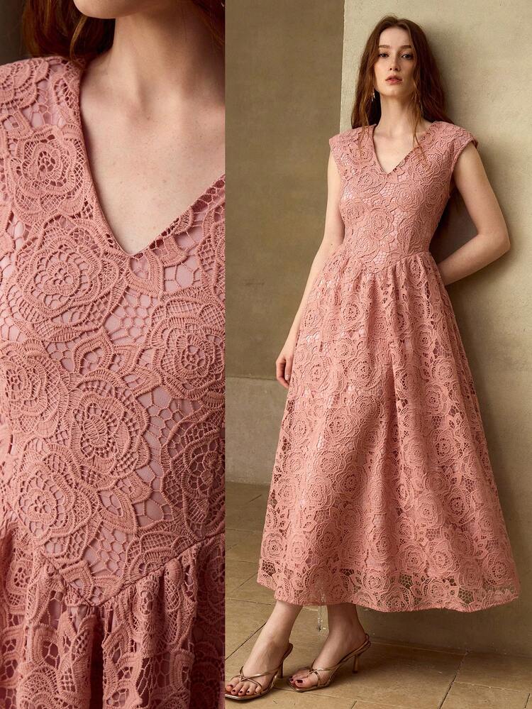 VESTIDO MIDI ESTILO A-LINE DE RENDA FEMININO, ADEQUADO PARA OCASIÕES, ENCONTROS, PRIMAVERA/VERÃO