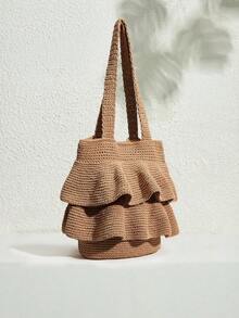 SHECARRY 时尚荷叶边单肩包，驼色编织手提包 - 駝色 - 查看 2