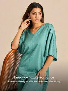 LUVLETTE Women's Breathable Teal Satin Sleep Dress Loose-Fit Midi Dress With Fringe Trim Lightweight Nightwear Gown Pyjama - Green - View 7