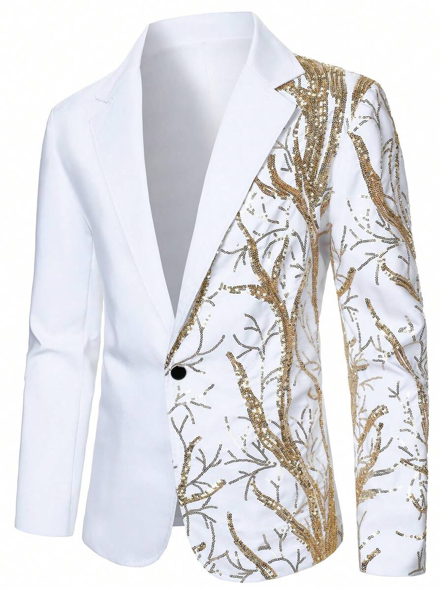 Manfinity AFTRDRK Men's Notched Collar Single-Breasted Sequin Patchwork Casual Versatile Commuting Outerwear Jacket - White - View 1