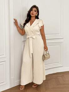 Femmeverse Plus Size Women's Elegant Elegant Office Commute Solid Color Flutter Sleeve Self-Tie Waist Wide Leg Jumpsuit, Suitable For Spring, Summer And Autumn - Apricot - View 3