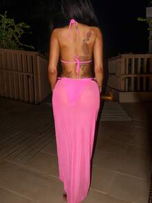 Bonvoyette 3pcs Women's New Floral Halter Backless Swimsuit Top And Tie Side Swim Bottoms With Beach Skirt Sexy Swimwear Set - Multicolor - View 3