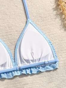 Tween Girls Bikini Sets,Girls' Swimsuit Set, Vacation-Ready, Casual, Elegant, Blue Set Made Of Wavy Fabric. Features A Halter-Neck, Sleeveless Top With Sweet Ruffle Details, And Matching Bottoms In The Same Fabric. The Three-Piece Swimsuit Set Includes A Halter-Neck Top, Briefs, And A Skirt.  Stylish, Casual, Sophisticated, And Elegant, Perfect For Swimming, Summer Vacations, Beaches, Swimming Pools, Summer Parties, And Leisure Activities. Tween Swimsuit Dusty Blue 3 Piece Bathing Suit Teen Girl Tween Bathing Suits 3 Piece Set 3 Piece Swimsuit Set - Blue - View 5