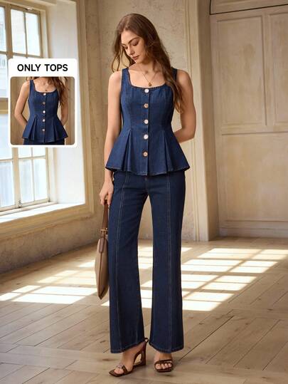 Selenza Tall Women's Square Neck Metal Single-Breasted Pleated Hem Sleeveless Denim Top