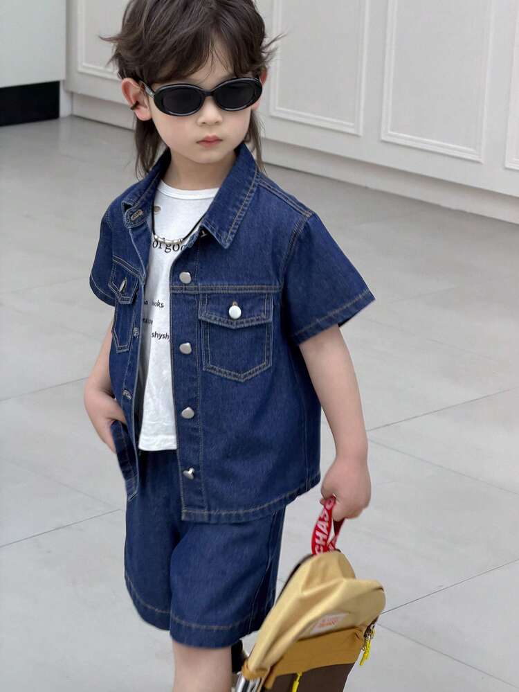 Young Boy Summer Casual Fashion Street Daily Commute Flap Pocket Short Sleeve Denim Shirt And Denim Shorts Set