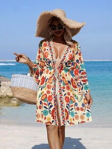 Swim Lushoire Women's Summer Beach Bohemian Style Mesh Placement Print Front Tie Drawstring Vacation Kimono Cover Up - Multicolor - View 4