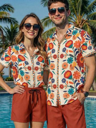HIMLAND Men's Casual Floral Print Button-Front Short Sleeve Shirt And Shorts Set, Summer