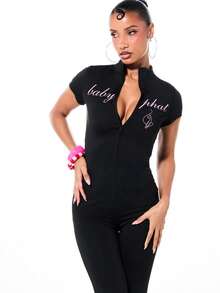 BABYPHAT Zip Up Collar Short Sleeve Capri Length Jumpsuit With Text Print Detail Jersey Stretch Fabric - Black - View 3