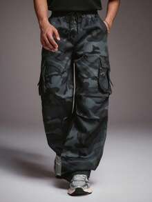 STYNVO 男士休闲迷彩印花斜插口袋工装裤 - 黑色 - 查看 6