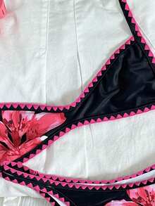 Elavelle Bikini Wanita Motif Potongan Tinggi dengan Tali Bahu Tipis yang Dapat Diatur, Terbuat dari Kain Aneka Warna, Cocok untuk Liburan Musim Panas - MultiWarna - View 4