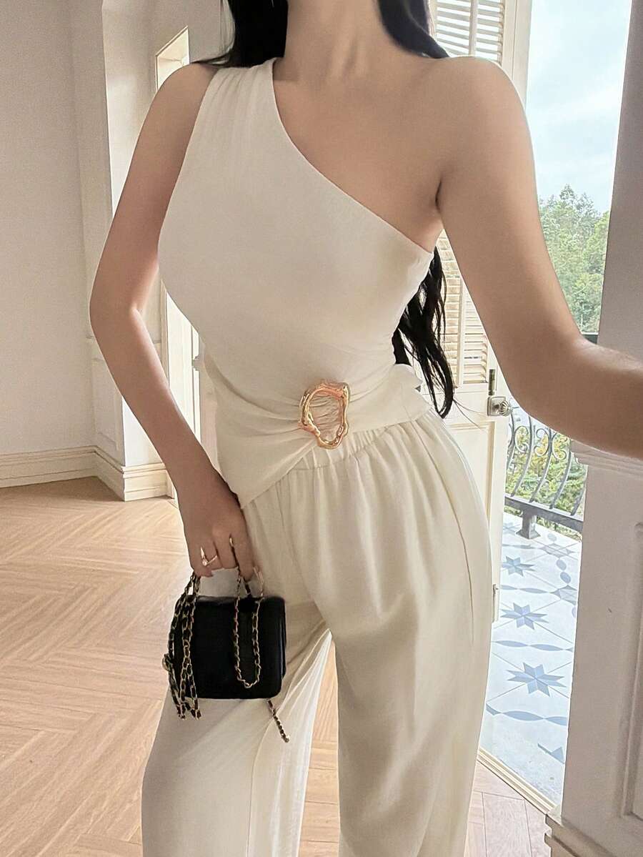 Feyla 1 Set Women Elegant Oblique Collar Metal Button Blouse And Pants - Apricot - View 1