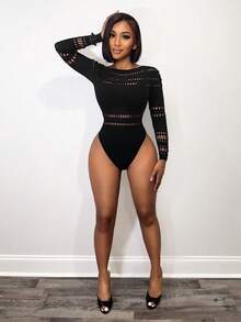 SHEIN BamGlam Women's Sexy Hollow-Out Mesh Sheer Bodysuit - Black - View 6