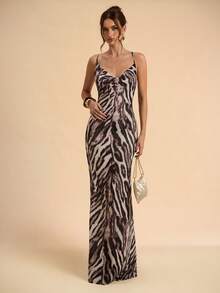 SHEIN BAE Đầm đi biển gợi cảm hở lưng, cổ xếp ly, họa tiết da báo màu cà phê. - màu nâu - Xem 2
