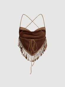 SHEIN MOD Áo kiểu nữ màu trơn có tua rua, gợi cảm, đa năng, thích hợp cho hẹn hò và đi chơi. - màu nâu - Xem 3
